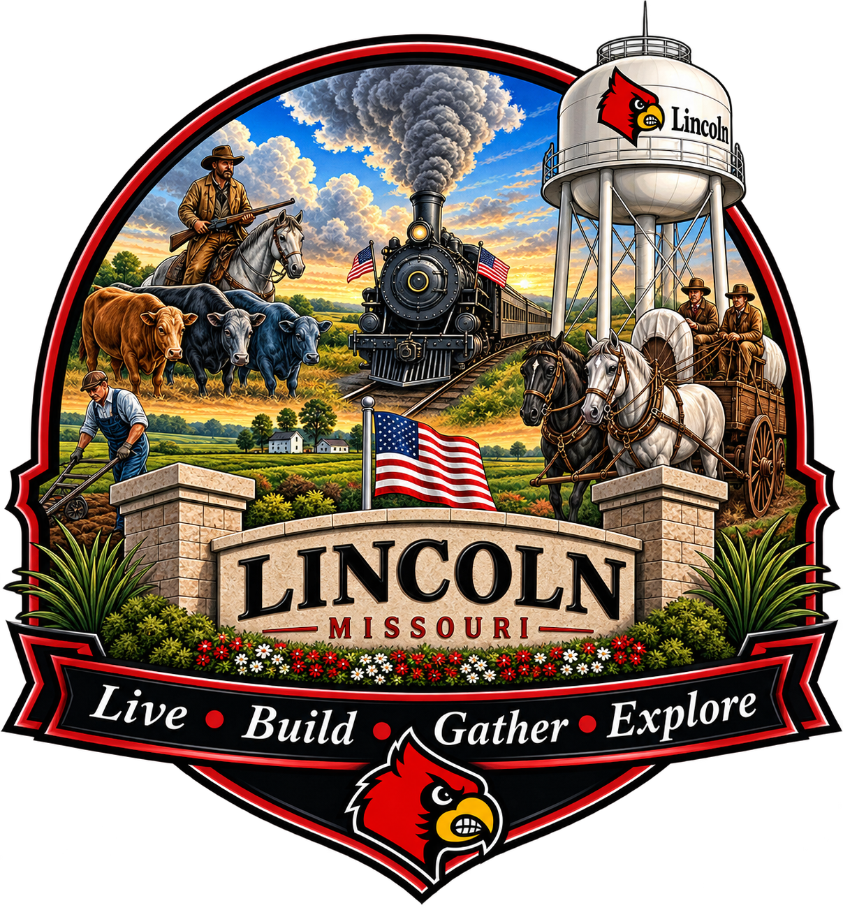 City of Lincoln, Missouri official emblem — water tower, barn, and Cardinals